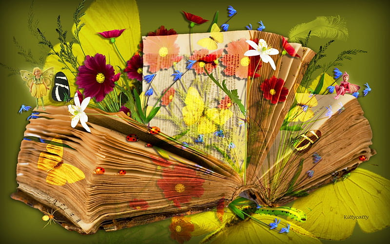 ✿ღ~My Nature Book~ღ✿ , lovely, grass, book, butterflies, spring, collage, abstract, spider, caterpillar, summer, flowers, nature, lady bug, flower fairies, outdoor, HD wallpaper