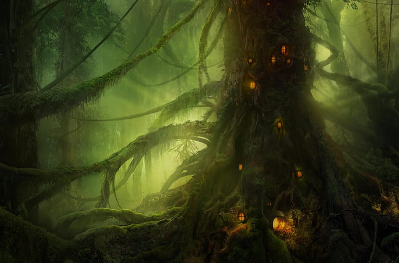 Greenwoods, forest, fantasy, dark, home, wods, fairytale, night, HD wallpaper