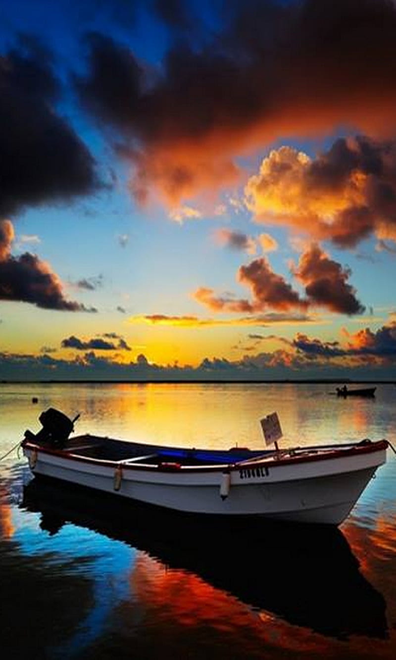 Boat, amazing, clouds nature, sea, sky, sunset, view, wooden, HD phone wallpaper