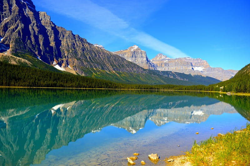 Waterfowl Lake, Banff NP, forest, National Park, bonito, lake, emerald water, mountain, Canada, Alberta, reflection, HD wallpaper
