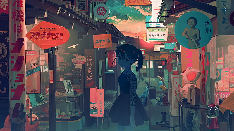 anime urban street, anime girl, sunset, scenic, vendor, shops, Anime, HD wallpaper