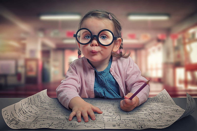 Her first day at school, school, john wilhelm, girl, glasses, copil, child, first day, HD wallpaper