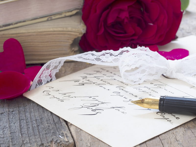 Love and Memories, red rose, table, lace, love, book, note, corazones, ink pen, HD wallpaper