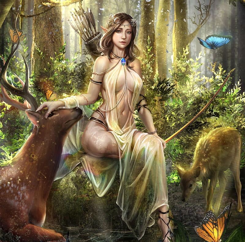 Artemis, butterfly, sangrde, goddess, diana, sa n, deer, forest, luminos, fantasy, HD wallpaper