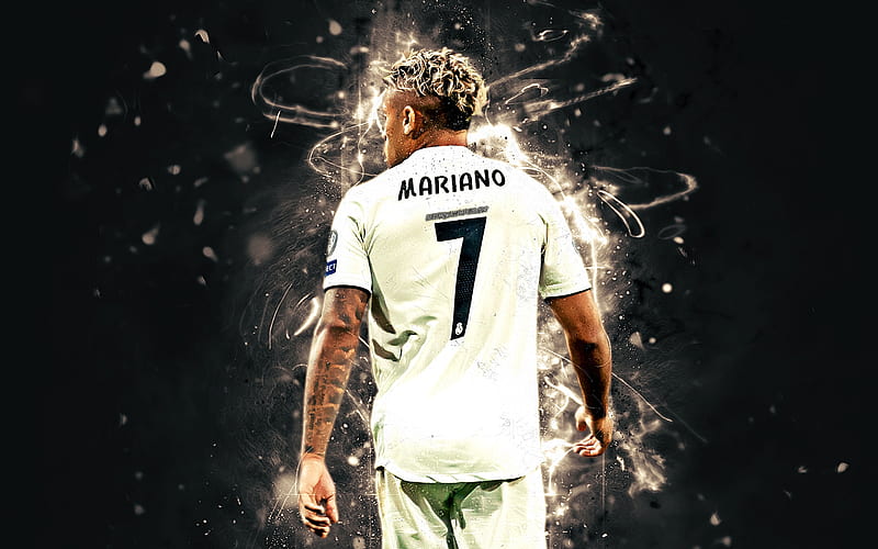 Mariano Diaz, back view, spanish footballers, Real Madrid FC, Mariano, soccer, La Liga, neon lights, Galacticos, HD wallpaper