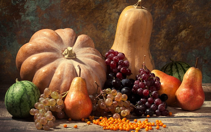 Happy Autumn!, red, autumn, harvest, orange, card, fruit, grapes, still life, green, berry, pumpkin, HD wallpaper