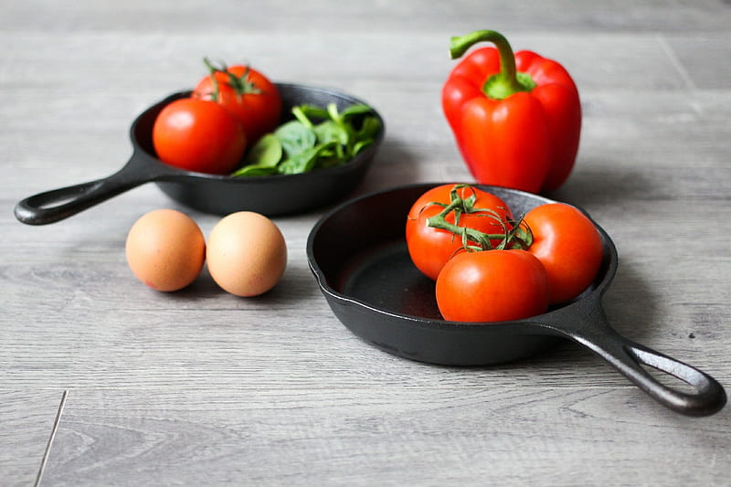Ready to cook, Tomatoes, Cooking, Pan, Eggs, Vegetables, Peppers, HD wallpaper
