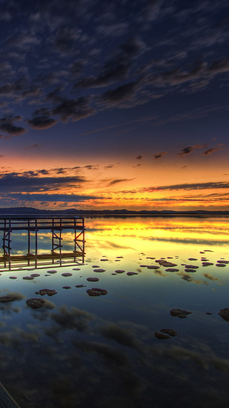 Sunset, colorful, dock, sea, sky, HD phone wallpaper