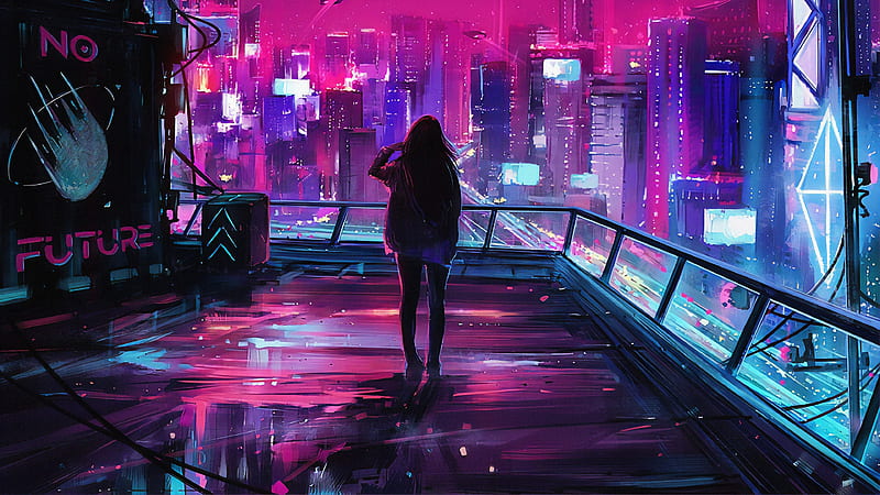 Neon city, girl, back view, night, lights, Sci-fi, HD wallpaper