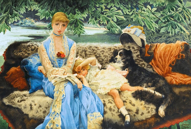 Quiet By James Tissot, painting, sofa, art, pictura, mother, girl, james tissot, dog, woman, child, HD wallpaper