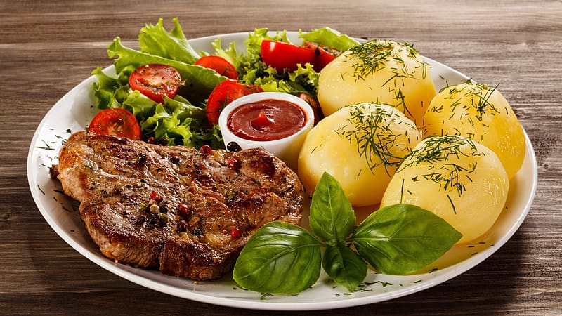 Dinner, still life, salad, meat, food, potato, HD wallpaper