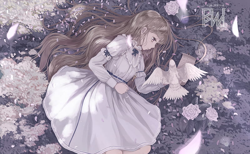 anime girl, white dress, lying down, bird, flowers, paper, Anime, HD wallpaper