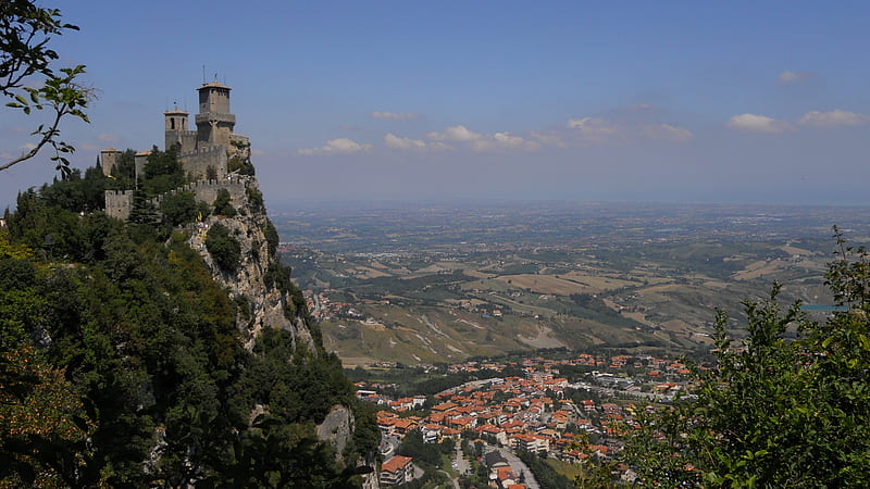 San Marino castle, forest, cloud, ancient, rock, sky, sea, mountain, monument, city, medieval, stone, cliff, castle, HD wallpaper
