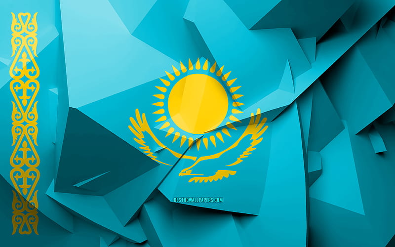 Flag of Kazakhstan, geometric art, Asian countries, Kazakhstan flag, creative, Kazakhstan, Asia, Kazakhstan 3D flag, national symbols, HD wallpaper