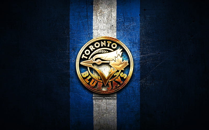 Toronto Blue Jays, golden logo, MLB, blue metal background, american baseball team, Major League Baseball, Toronto Blue Jays logo, baseball, USA, HD wallpaper