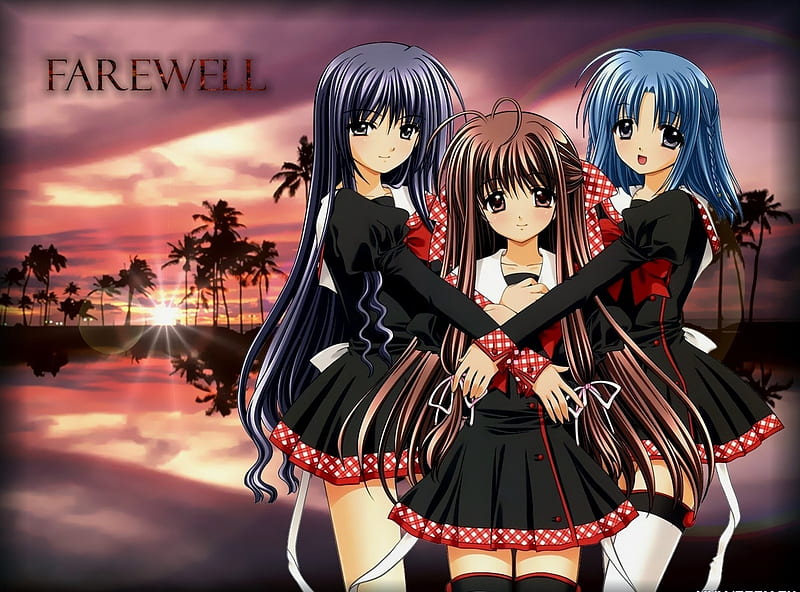 Farewell, sunset, trees, girl, anime, HD wallpaper