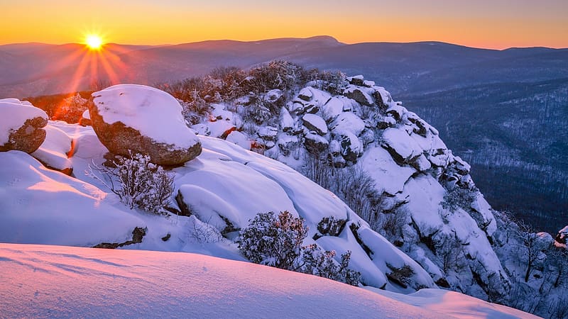 Shenandoah NP, Blue Ridge Mountains, Virginia, snow, landscape, colors, sky, rocks, mountains, sunset, usa, HD wallpaper