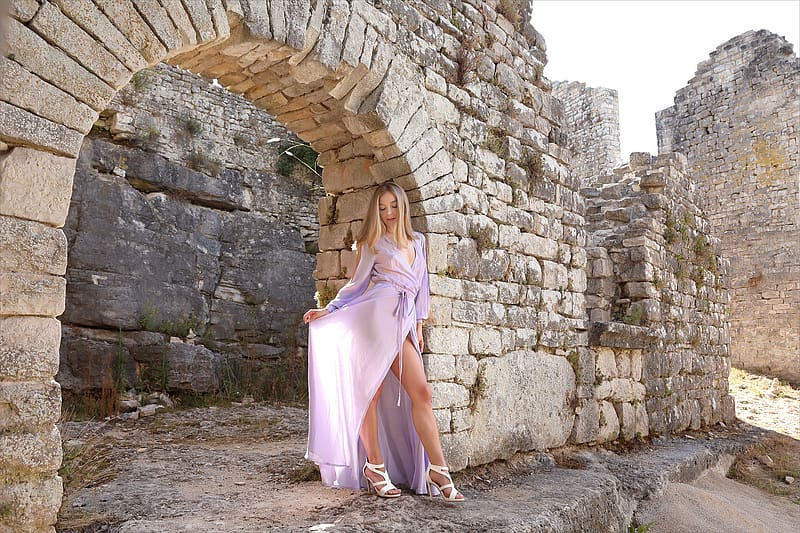 Stefani in a Purple Gown, model, gown, blonde, outdoors, high heels, archway, HD wallpaper