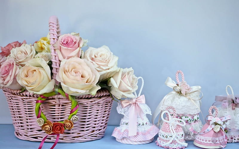 Happy Easter!, rose, basket, flower, bell, easter, pink, blue, HD wallpaper