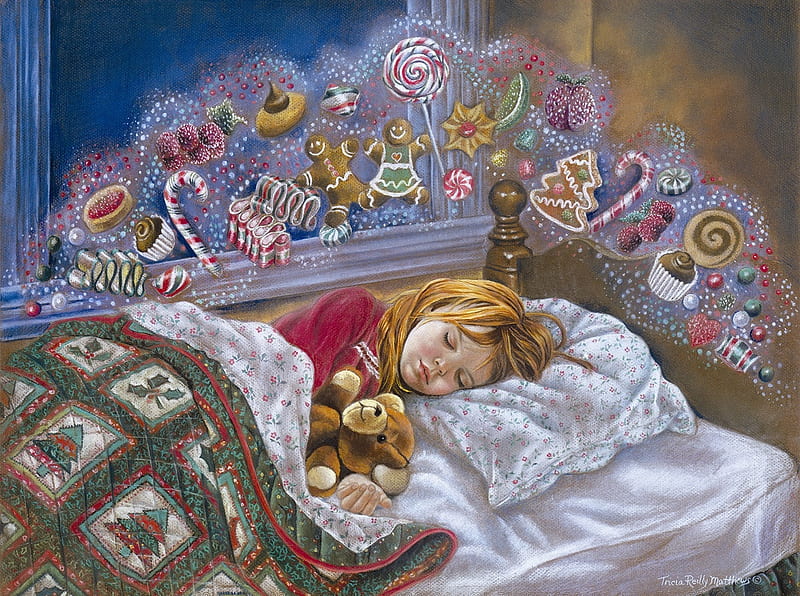 Sweet dreams, art, sleep, little, sweets, girl, painting, copil, tricia reilly matthews, child, pictura, HD wallpaper