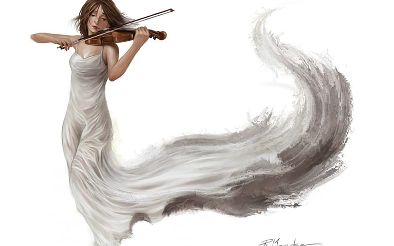 Song of the wind, art, violin, dress, wind, woman, instrument, fantasy, song, girl, white, HD wallpaper