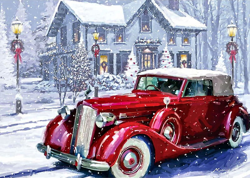 Vintage Auto F, art, bonito, illustration, artwork, winter, carros, snow, automobile, painting, auto, wide screen, HD wallpaper