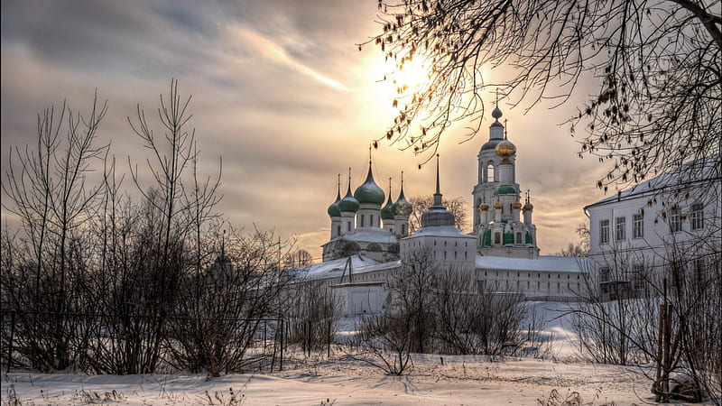 vvedensky tolga convent russia in winter, domes, sunset, bushes, wall, winter, convent, HD wallpaper