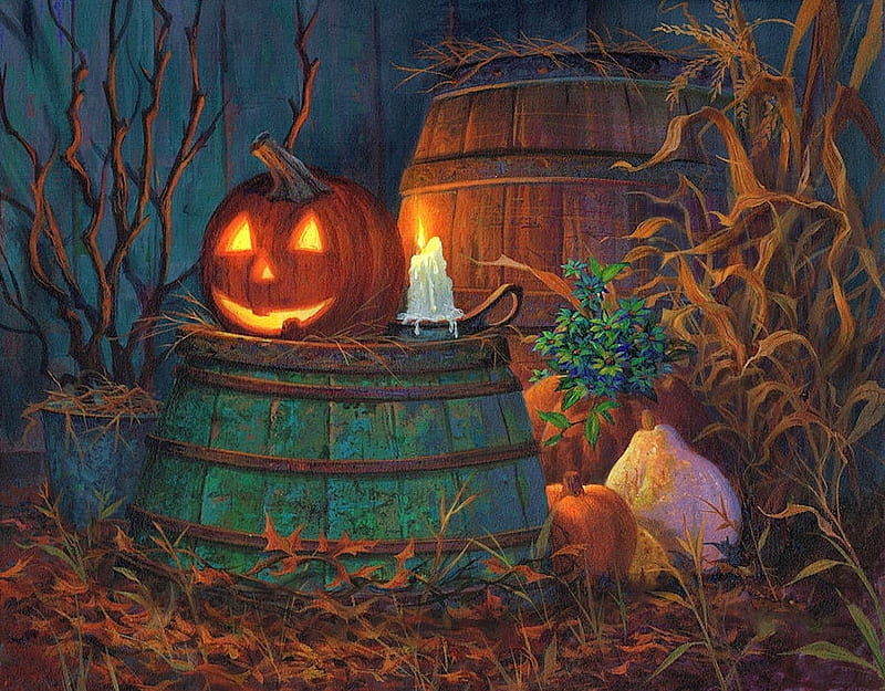 Magical halloween, lovely, halloween, bonito, magic, smile, fire, octobre, splendor, color, nature, fields, season, pumpkins, HD wallpaper