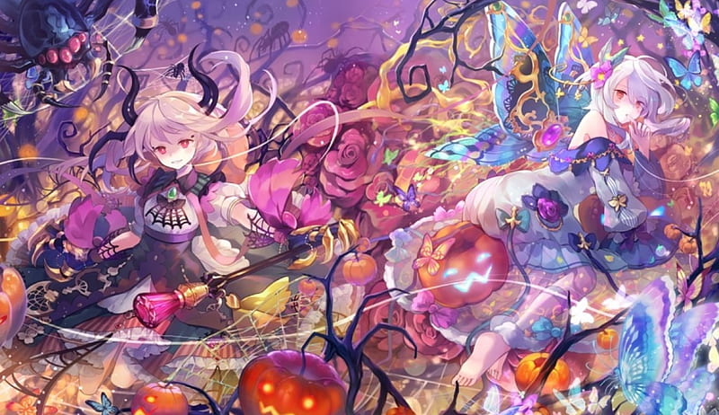 Fantasy World, red, colorful, orange, halloween, witches, yellow, bonito, woman, fantasy, green, anime, fairies, beauty, anime girl, girls, pink, blue, night, art, female, colors, butterflies, cute, purple, lady, landscape, HD wallpaper