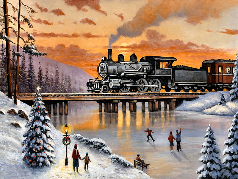 Train on Ice-covered Bridge F1, railroad, art, locomotive, bonito, illustration, artwork, winter, train, snow, engine, painting, wide screen, four seasons, tracks, HD wallpaper