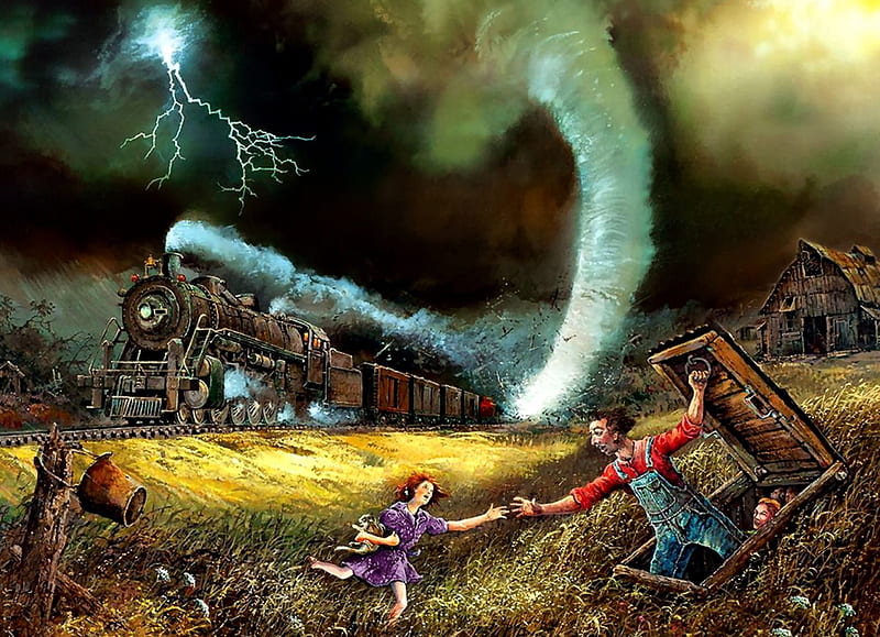 Tornado Alley F, railroad, art, locomotive, bonito, illustration, artwork, train, engine, painting, wide screen, tracks, HD wallpaper