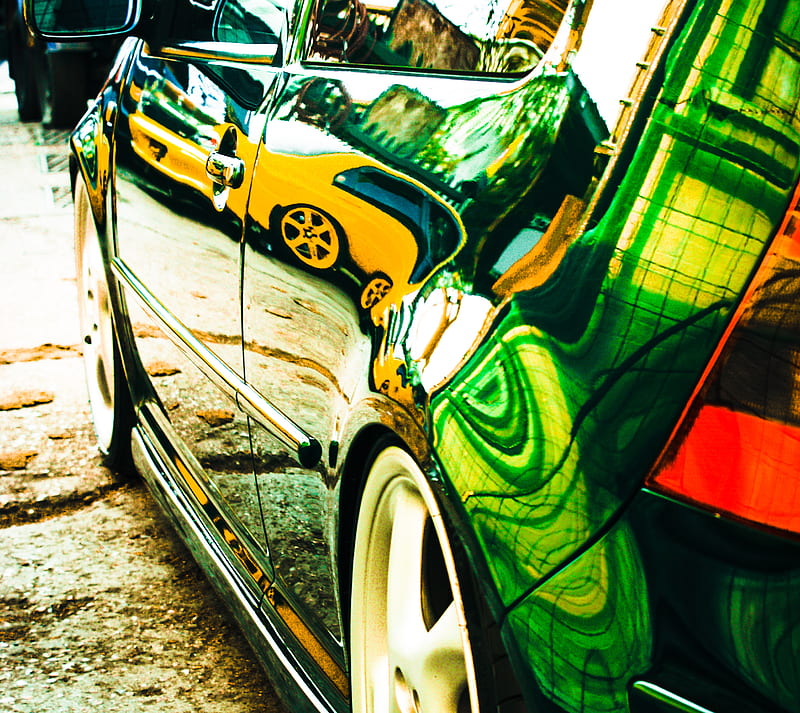 reflective envy, automotive, car, evo, golf gti, green, mitsubishi, reflection, vw, HD wallpaper