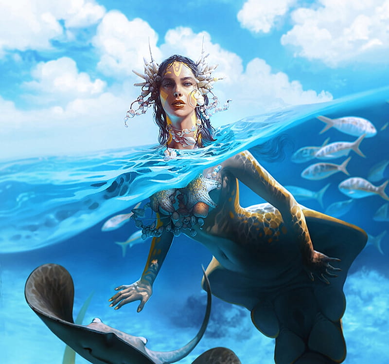 Mermaid, siren, blue, art, fantasy, girl, water, HD wallpaper