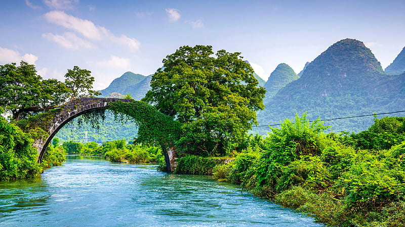 Arch Above River Between Green Trees With Landscape View Of Mountains Nature, HD wallpaper