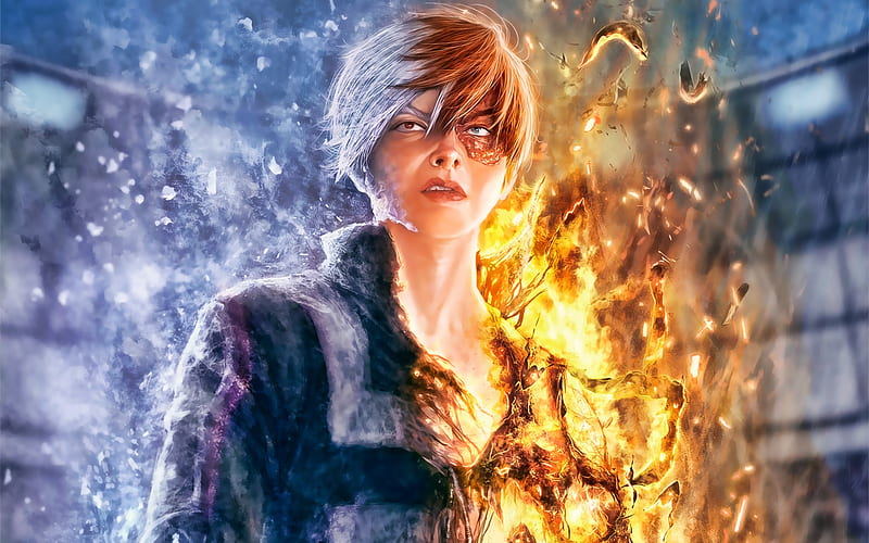 Shoto Todoroki, fire and water, My Hero Academia, manga, artwork, Boku no Hero Academia, HD wallpaper