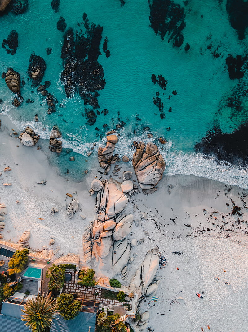 sea, rocks, beach, buildings, palm trees, aerial view, HD phone wallpaper