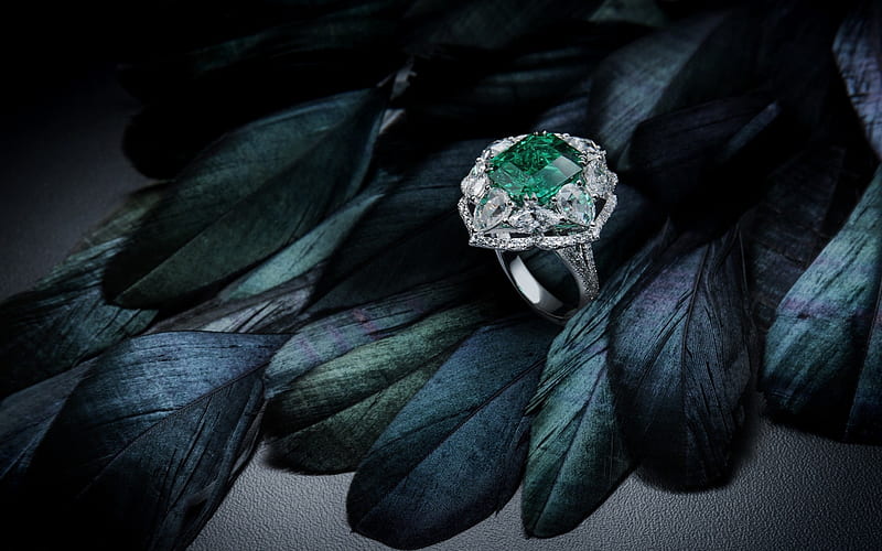 emerald, ring, jewelry, gem, black feathers, white gold, HD wallpaper