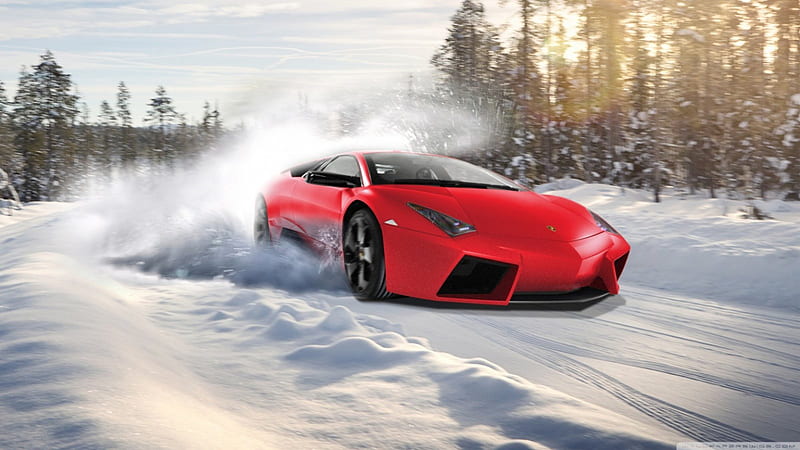 Lamborghini drifting in snow, red, Lamborghini, snow, car, nature, bonito, HD wallpaper