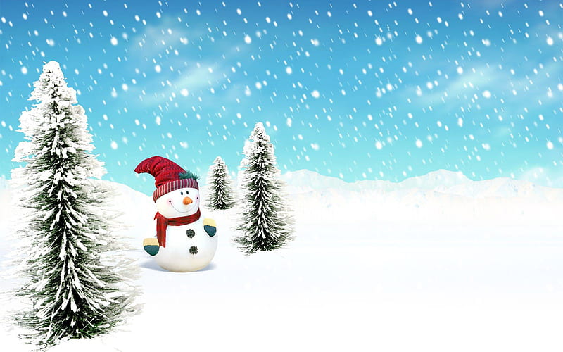 winter landscape, snowman, 3D art, snowfall, xmas trees, snowdrifts, winter, Christmas, HD wallpaper