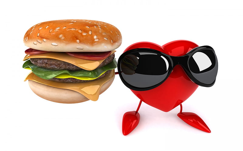 Bon appetit!, red, food, valentine, card, sunglasses, sandwich, heart, funny, white, HD wallpaper