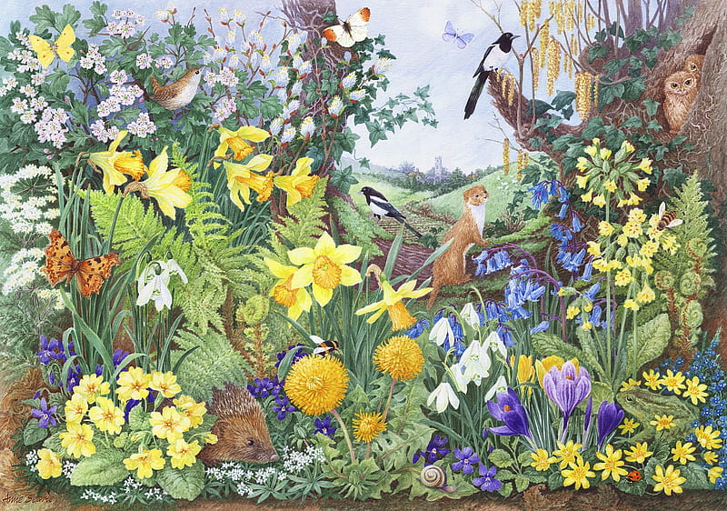 Spring garden, bird, flower, pasari, garden, yellow, spring, anne searle, art, painting, pictura, HD wallpaper