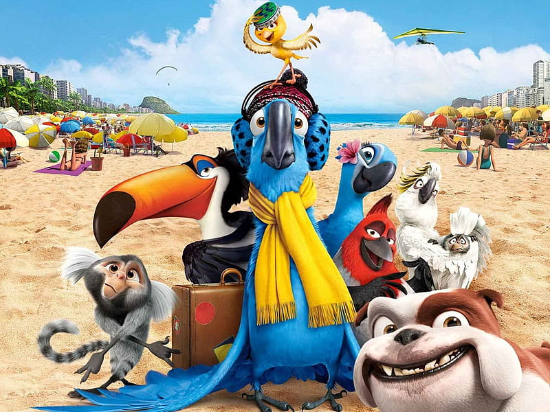 Rio 2 (2014), poster, movie, pasare, parrot, macaw, rio 2, hat, beach, bird, scarf, funny, HD wallpaper