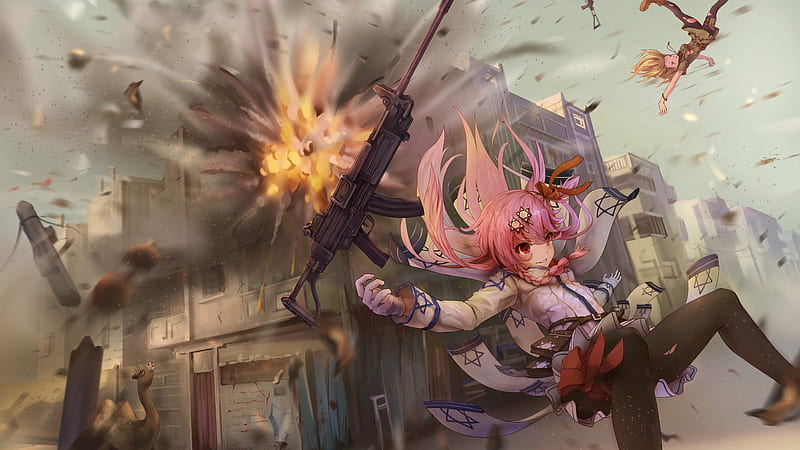 Girls Frontline Girl With Galil Negev With Background Of Bomb Explosion On A Building Games, HD wallpaper