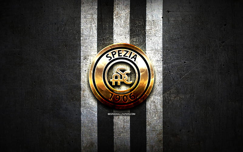 Spezia FC, golden logo, Serie B, black metal background, football, Spezia Calcio, italian football club, Spezia logo, soccer, Italy, HD wallpaper