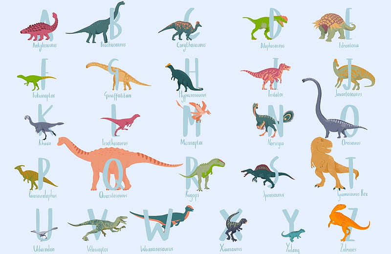 Blue Cartoon Dinosaur Alphabet Mural, Dinosaur Print, HD wallpaper