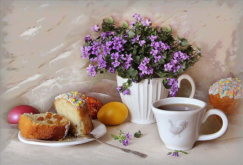 Easter morning, Easter, still life, special days, eggs, flowers, cup of tea, HD wallpaper
