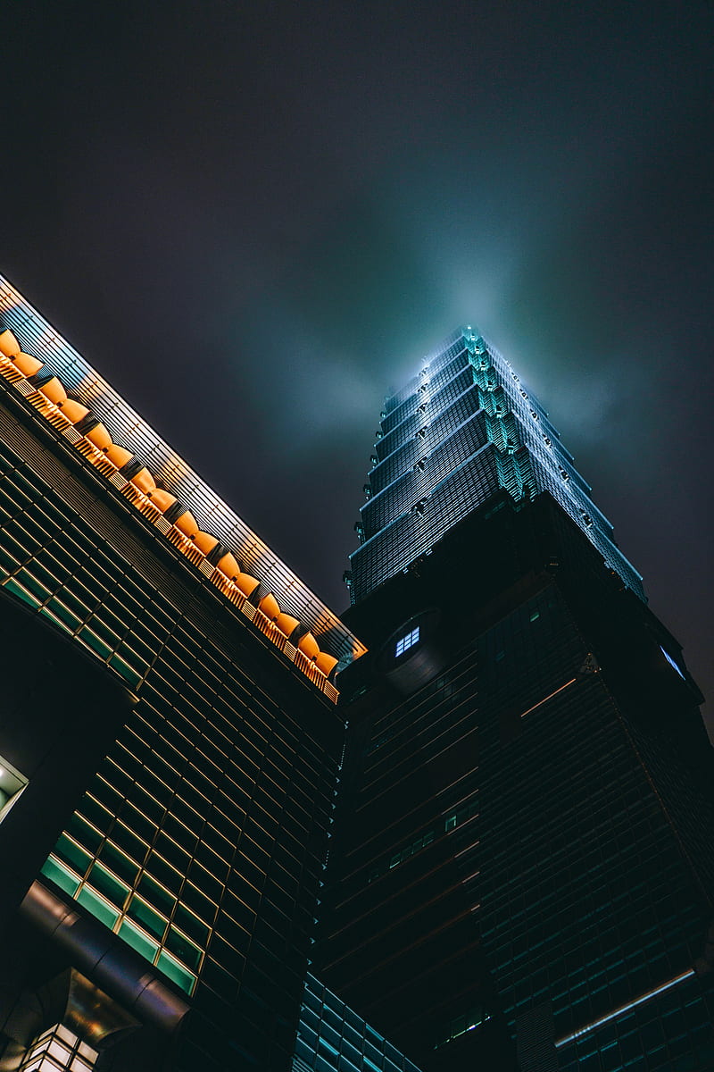 skyscraper, architecture, bottom view, backlight, night, night city, HD phone wallpaper