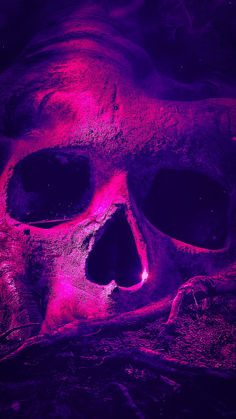 purple skull tree, bone, bones, creepy, dark, gloomy, horror, purple, sKulls, skull, tree, HD phone wallpaper