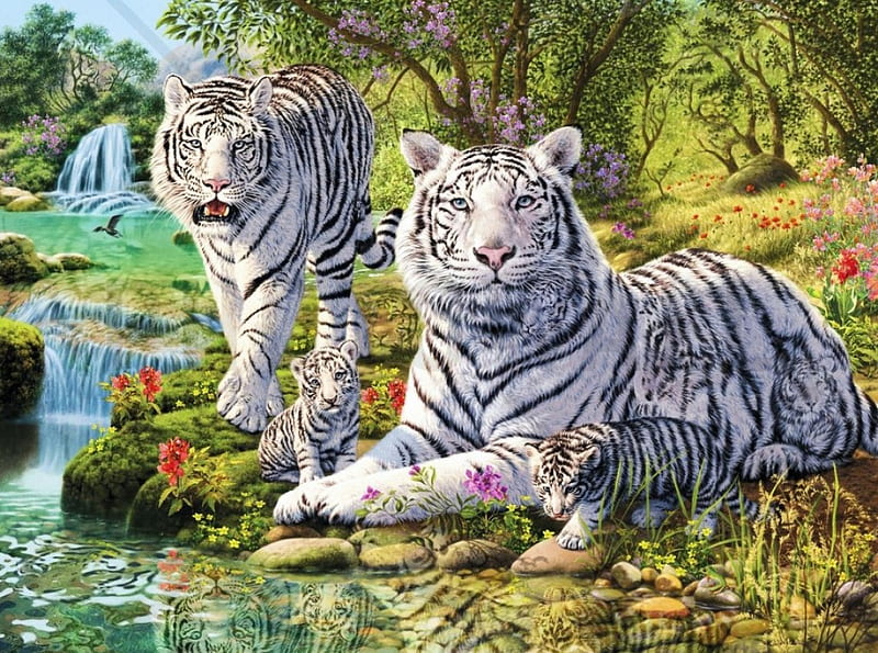 White Tiger Clan, parents, painting, river, cubs, trees, artwork, HD wallpaper