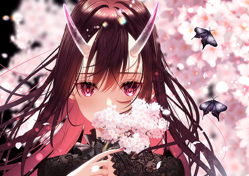 anime girl, horns, face portrait, pink eyes, cherry blossom, petals, Anime, HD wallpaper